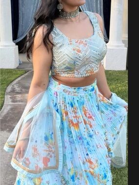 Sky Blue Floral Printed Lehenga with Embellished Blouse